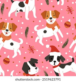 Cute cartoon dogs of different breeds and Christmas decorations, christmas balls, pin tree, dots. Festive vector illustration - dog on winter holidays in flat style. Seamless pattern