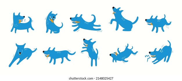 Perros de dibujos animados, perros divertidos, correr y tumbarse. Conjunto vectorial de elementos