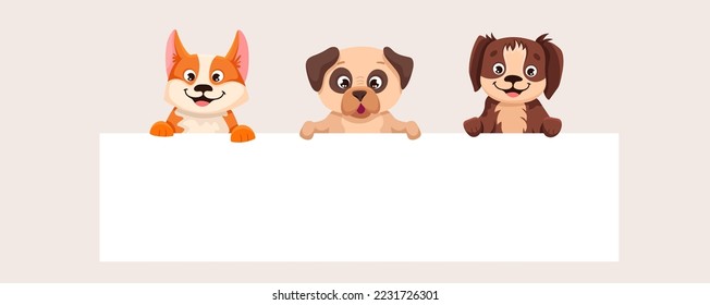 Cute cartoon dogs are holding an empty banner with place for your text. Use it for pet shop sign or for flyer super sale template. Vector illustration