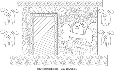 Cute Cartoon Dogs and Ornate Dog Houses Line Art, Black and white line art illustration featuring stylized dog houses with decorative patterns and cute cartoon dogs with a large bone. Perfect for
