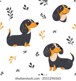 Cute cartoon dogs and plants. Vector minimalist print pet in garden. Dog seamless pattern for kids, baby and newborn