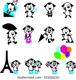 Cute cartoon dogs puppy set. little puppies in different poses. Funny cute baby animals.  Children's illustration.