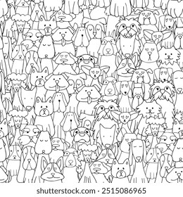 Cute cartoon dogs seamless pattern. Different breeds of dogs on endless canvas for your design. Domestic pets. Vector illustration