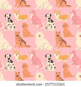 Cute cartoon dogs seamless pattern on light background