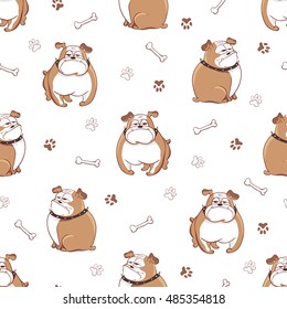 Cute cartoon dogs seamless pattern. Vector background with doodle bulldogs. 