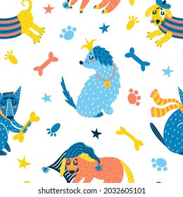 Cute cartoon dogs seamless vector pattern. Funny puppies sleep, run, play. Hand-drawn color doodle. Simple childish illustration on a white background. Animals in a flat style