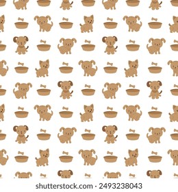 Cute cartoon dogs seamless vector pattern background. Scattered canine backdrop with small hand drawn dogs, food bowl, bones. Pet care health accessories animal repeat for doggie products.