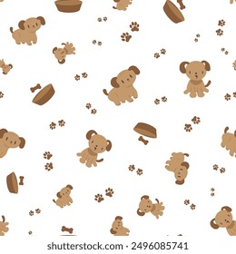 Cute cartoon dogs seamless vector pattern background. Scattered canine backdrop with small hand drawn dogs, food bowl, bones and paws. Pet care health accessories animal repeat for doggie products.