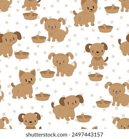 Cute cartoon dogs seamless vector pattern background. Scattered canine backdrop with small hand drawn dogs, food bowl, bones and paws. Pet care health accessories animal repeat for doggie products.