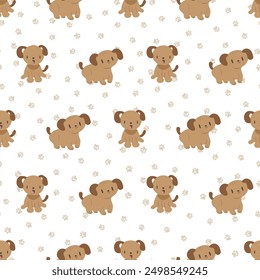 Cute cartoon dogs seamless vector pattern background. Backdrop with hand-drawn puppies and paw prints. Pet care and health animal repeat for doggie products and business or for kids