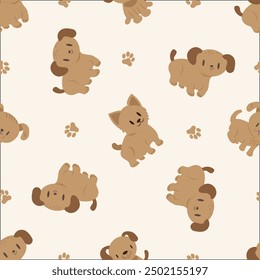 Cute cartoon dogs seamless vector pattern background. Backdrop with hand-drawn puppies and paw prints. Pet care and health animal repeat for doggie products and business or for kids