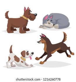 Cute cartoon dogs set. Domestic farm animals collection. Sleeping, paying, running dogs. Vector illustrations.