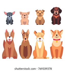 Cute cartoon dogs set sitting with smiling muzzle and hanging out tongue flat vector isolated on white. Lovely purebred pets illustration for vet clinic, breed club or shop ad