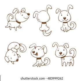 Cute cartoon dogs set. Six little puppies in different poses. Funny animals. Vector  contour image no fill. Children's illustration.