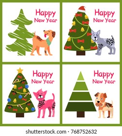 Cute cartoon dogs wishes you Happy New Year near decorated Christmas trees set of colorful posters vector illustration greeting cards isolated on white