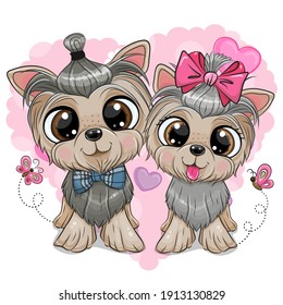 Cute cartoon Dogs Yorkshire Terrier boy and girl on the heart bakcground