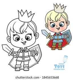 Cute cartoon doll boy princess and sword   shield in hand outlined   color for coloring book