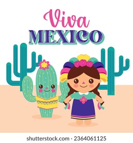 linda muñeca de dibujos animados y cactus. ilustración vectorial