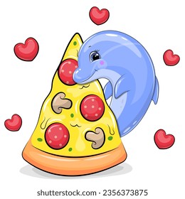 Cute cartoon dolphin with a big piece of pizza. Vector illustration of animal on a white background with red hearts.