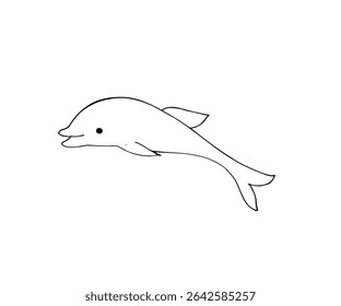 Cute cartoon dolphin in black outline style. Simple hand drawn marine animal, perfect for kids coloring pages, stickers, or ocean-themed design.