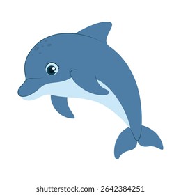 Cute cartoon dolphin in blue tones, perfect for kids' books, educational materials, nursery decor, and ocean-themed designs. Vector illustration on a white background.