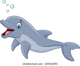 Cute cartoon dolphin with bubbles isolated on white background 