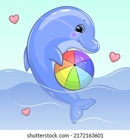 Cute Cartoon Delphin mit einem bunten Ball. Vektorgrafik eines Tieres, das im Meer schwimmt.