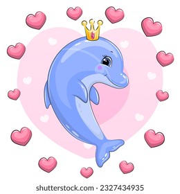 Cute cartoon dolphin with a crown in a heart frame. Vector illustration of an animal on a pink background.