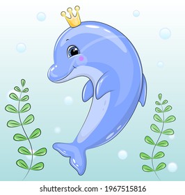 Cute Cartoon Dolphin Crown Underwater Vector Stock Vector (Royalty Free ...