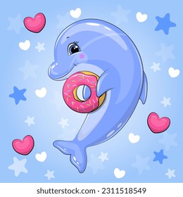 Cute cartoon dolphin with donut and pink hearts. Vector illustration of an animal on a blue background with stars and hearts.