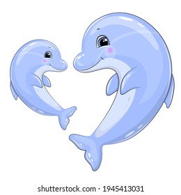 Cute cartoon dolphin family. Vector illustration of animals isolated on white.