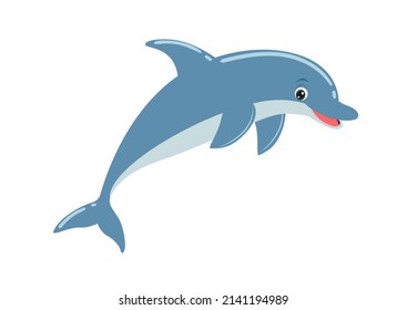 Cute Cartoon dolphin in flat style. Vector illustration of dolphin isolated on white background