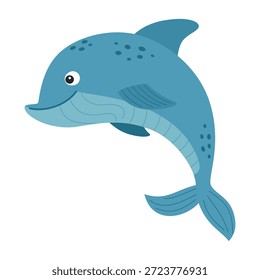 Cute Cartoon Dolphin. Friendly Ocean Animal Character. Smiling Marine Mammal. Flat Vector Illustration.