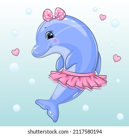 Cute cartoon dolphin girl wearing pink shirt and bow. Sea animal vector illustration on blue background with bubbles and hearts.