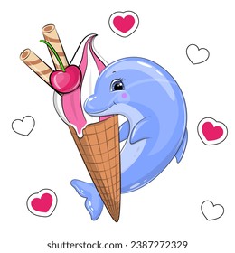 Cute cartoon dolphin holds a big ice cream. Summer animal vector illustration on white background with pink hearts. 