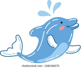 Cute Cartoon-Delphin einzeln auf weißem Hintergrund. Handgezeichnete Vektorgrafik von Meeressäugetieren. Fröhlicher Springdolphin mit Tropfen. Sommerferien. Seemacht