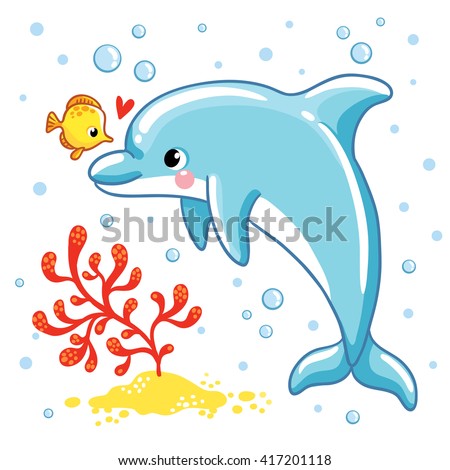  Cute cartoon dolphin. Love  Dolphin on a white background. Vector illustration.