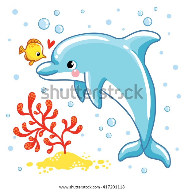 可爱的卡通海豚 爱海豚在白色背景 矢量插图 库存矢量图 免版税