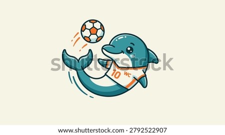 Cute cartoon dolphin mascot playing soccer wearing a number 10 jersey. High-quality flat vector illustration of an athletic marine animal character isolated on a plain background.