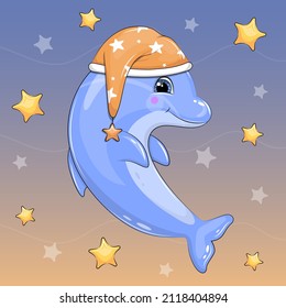 Cute cartoon dolphin in a nightcap. Night vector illustration of a sea animal on a blue background with stars.