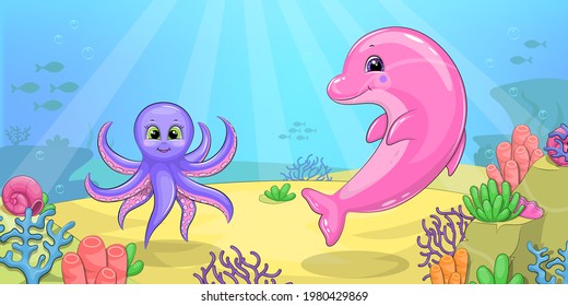Cute cartoon dolphin and octopus underwater. Vector illustration of marine life.