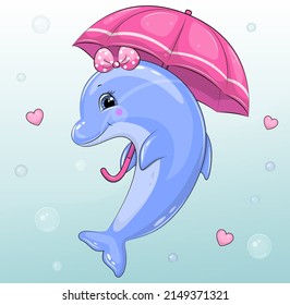 Cute Cartoon Delphin mit rosafarbener Schleife und Regenschirm. Vektorgrafik eines Meerestiers auf blauem Hintergrund mit Herzen und Blasen.