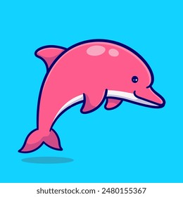 cute cartoon dolphin pink on blue background, vector illustration