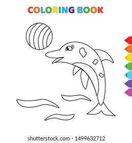 cute cartoon dolphin playing with ball coloring book for kids. black and white vector illustration for coloring book. dolphin playing with ball concept hand drawn illustration