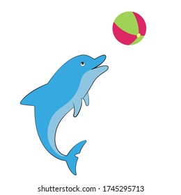 Cute cartoon dolphin playing with a colorful ball
