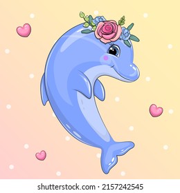 Cute Cartoon Delphin mit Rose und Herzen. Vektorgrafik eines Tieres auf gelbem Hintergrund.