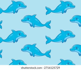 Lindo delfín de dibujos animados. Patrón de mar. Fondo aislado. Ilustración vectorial.