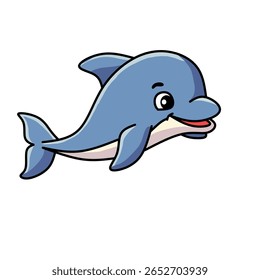 Cute cartoon dolphin smiling with open mouth. Friendly and playful marine animal in a cheerful pose. Perfect for kids designs or sea-themed illustrations
