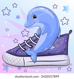 A cute cartoon dolphin with a sneaker. Vector illustration of an animal on a colorful background with stars.