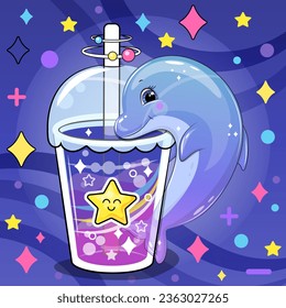 Cute cartoon dolphin and star drink. Vector illustration of an animal and a cup of colorful water on a dark blue background with stars and dots.